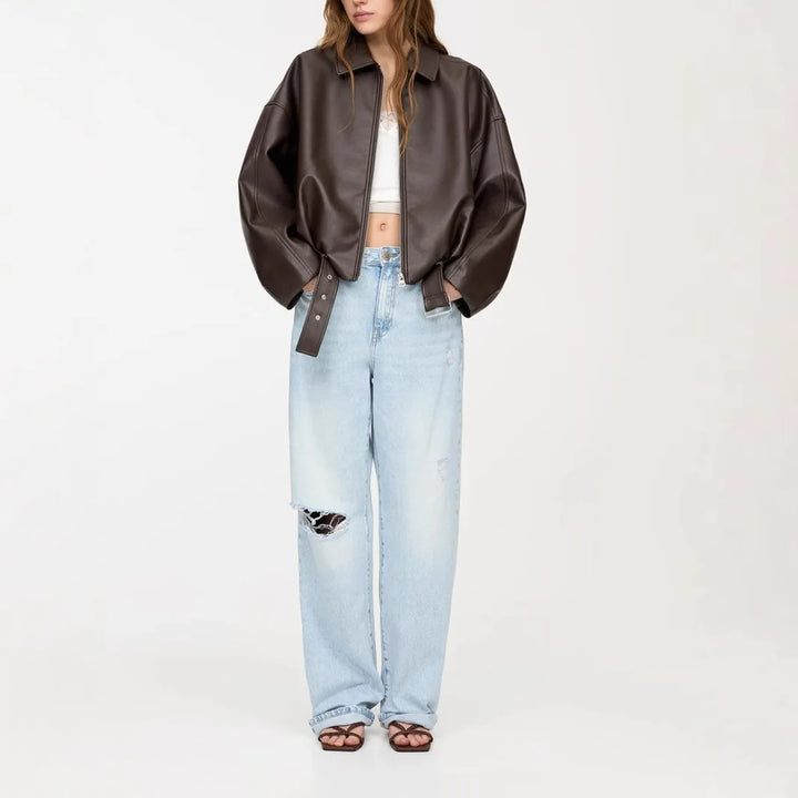 Autumn Folded Collar Zipper Closure PU Leather Jacket
