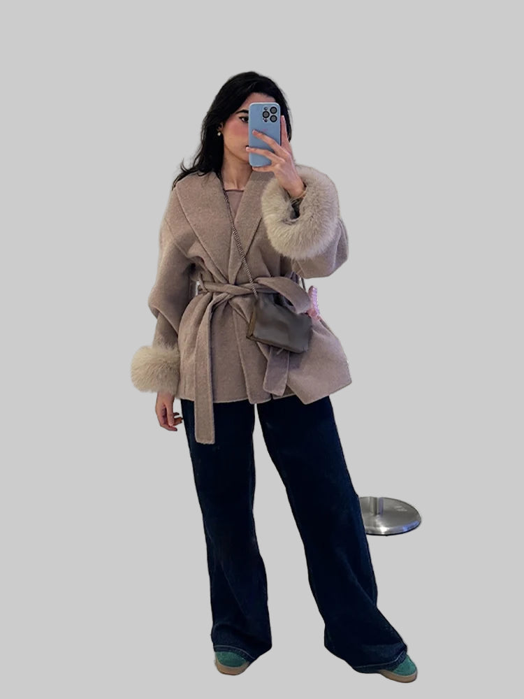 Elegant Lace-Up Woolen Coat