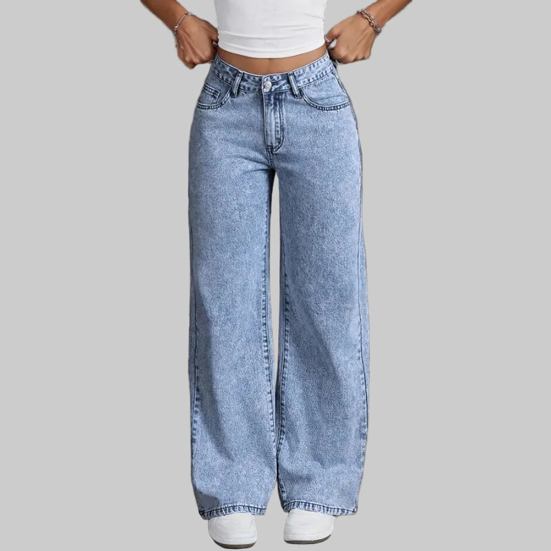 High-Waisted Wide Leg Denim Jeans with Bow Embroidered Pockets