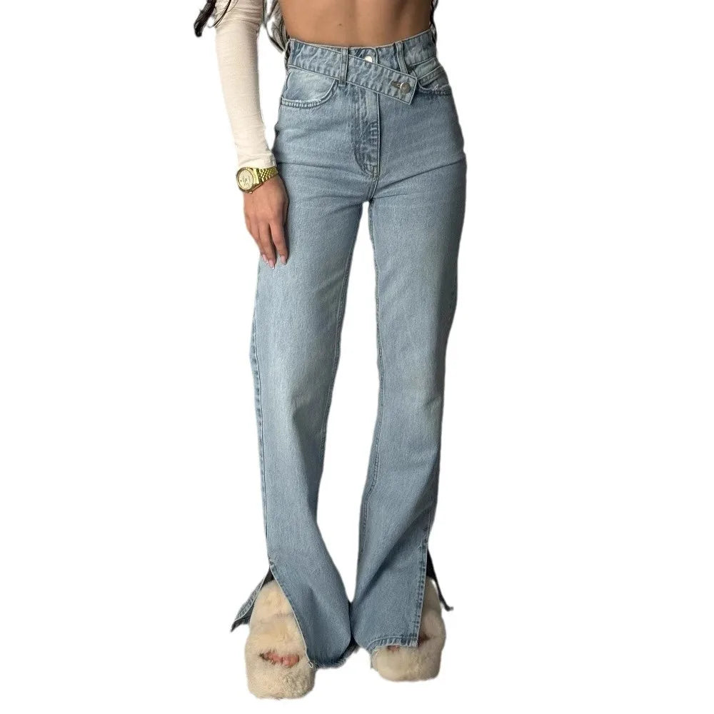 American Retro Asymmetrical Waist Slimming Bootcut Jeans