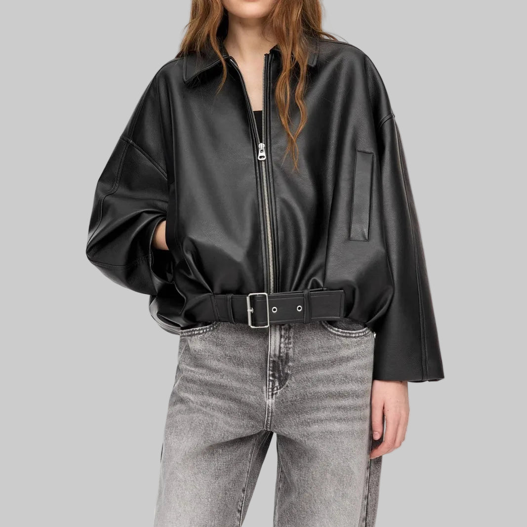 Autumn Folded Collar Zipper Closure PU Leather Jacket