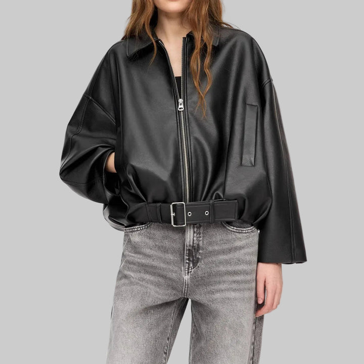 Autumn Folded Collar Zipper Closure PU Leather Jacket