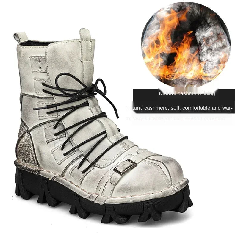 Genuine Leather Goth Skull Punk Mid-calf Boots