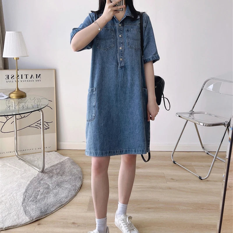 Knee-length Vintage denim dress with polo collar