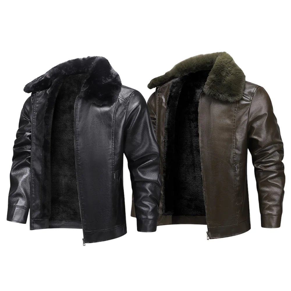 Men's Long Plush Thick Leather Jacket