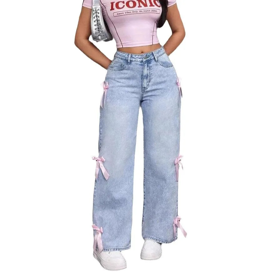 Vintage Distressed High-Waisted Jeans with Bow Detail
