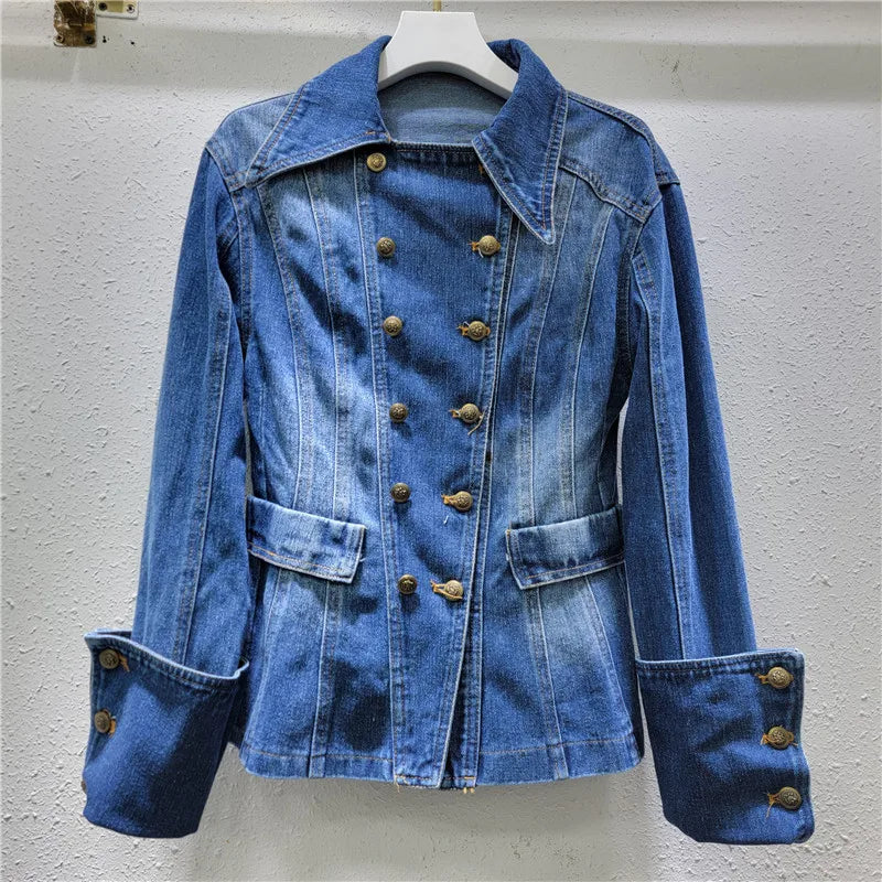 Vintage Versatile Lapel Double-breasted High Waist Denim Jacket
