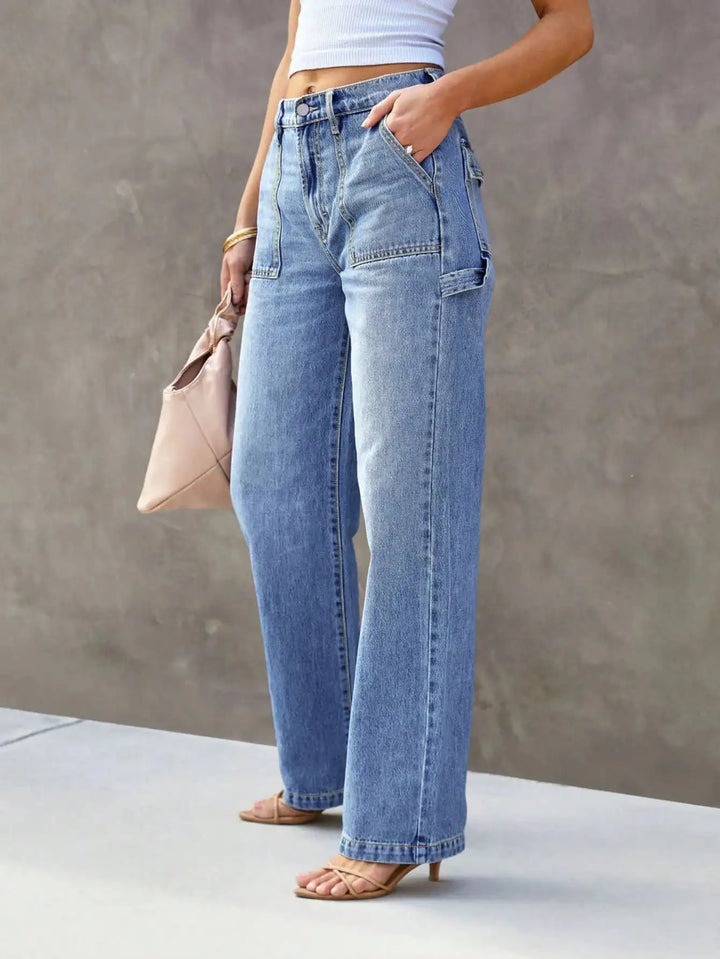 Chic Light Blue Wide-Leg Straight Denim Jeans