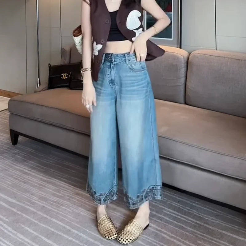 Must-Have Retro Style! Light Blue Wide-Leg Denim Jeans with Stunning Embroidery