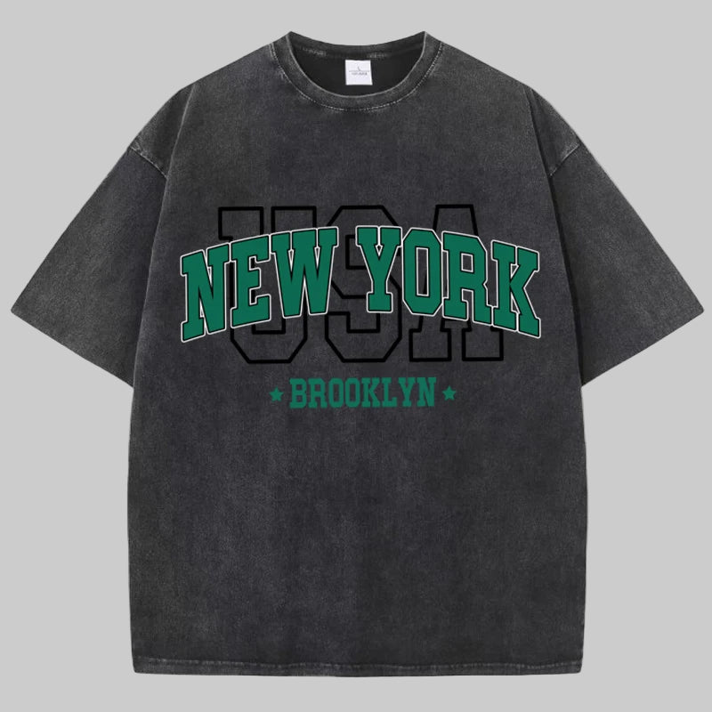 Cotton Washed O-Neck Brooklyn Print Tees