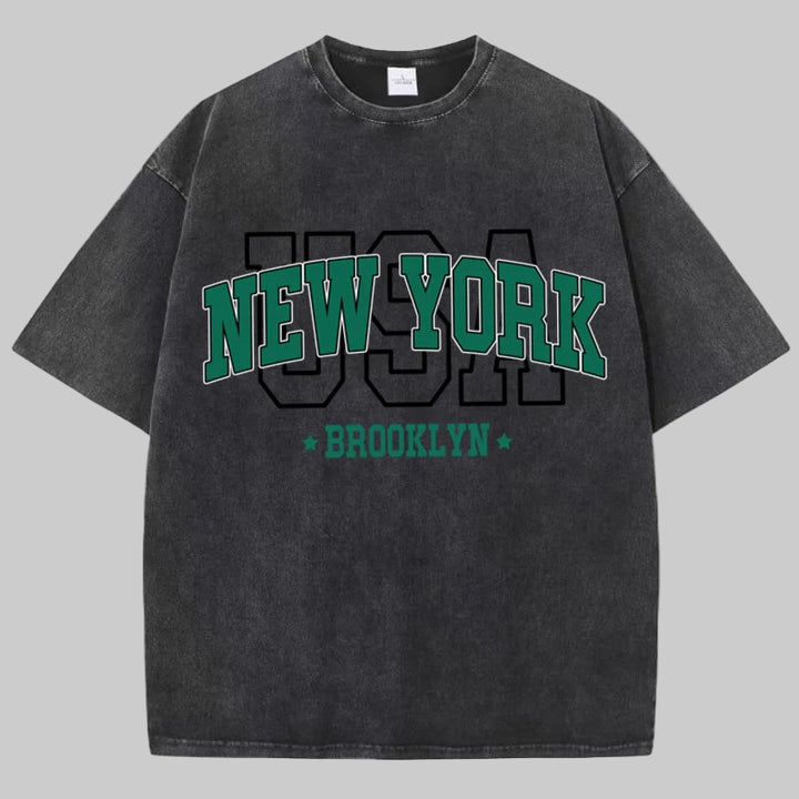 Cotton Washed O-Neck Brooklyn Print Tees