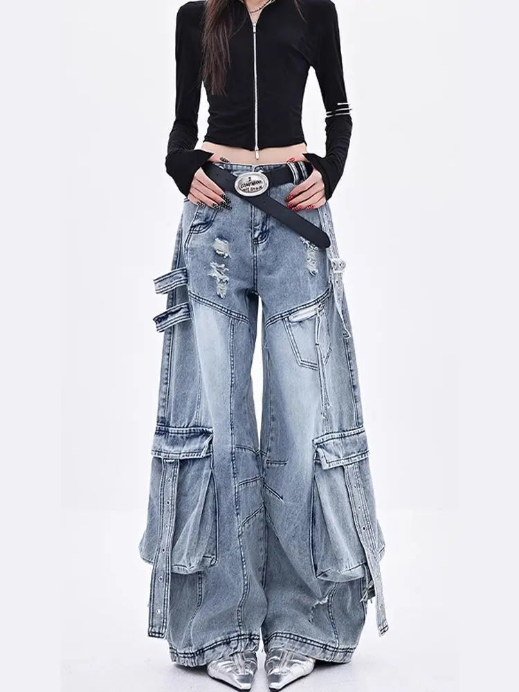 High-Waist Multi-pocket Cargo Jeans