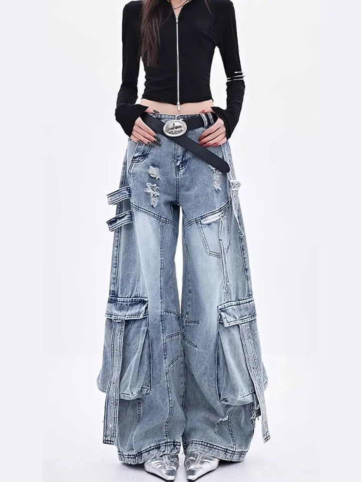 High-Waist Multi-pocket Cargo Jeans