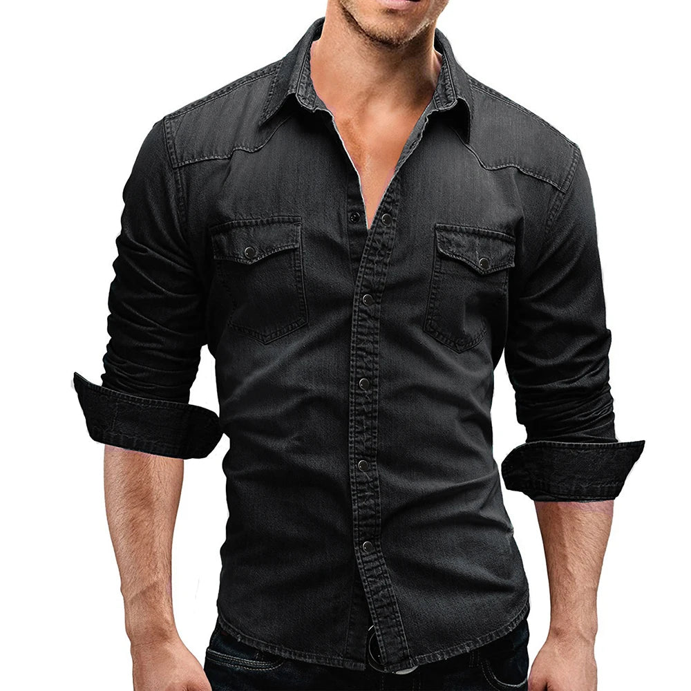 Solid Color Slim Fit Denim Shirt