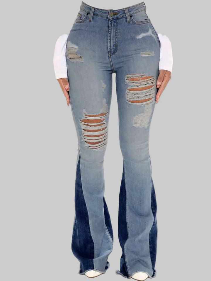Distressed Patchwork Ripped High Waist Stretch Jeans