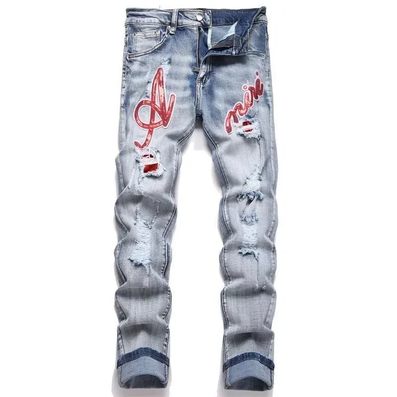 Retro Punk Style Slim Fit Elastic Printed Jeans