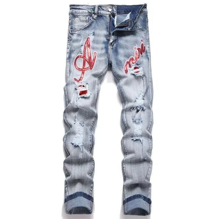 Retro Punk Style Slim Fit Elastic Printed Jeans