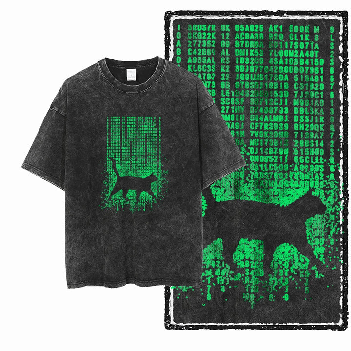 Cat Print Acid Washed Cotton Graphic T-Shirt