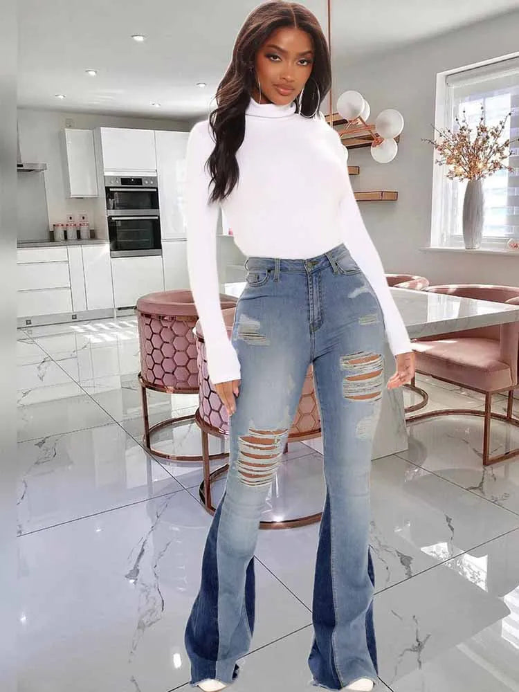 Distressed Patchwork Ripped High Waist Stretch Jeans