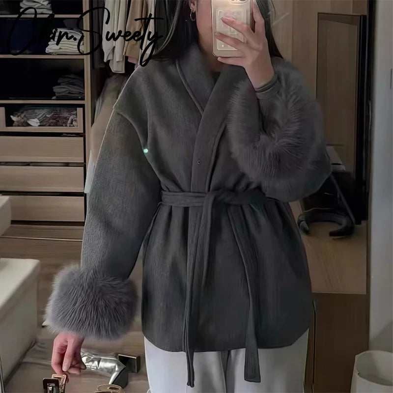 Elegant Lace-Up Woolen Coat