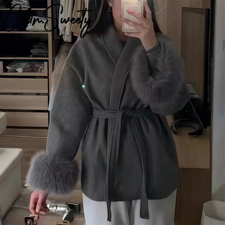 Elegant Lace-Up Woolen Coat