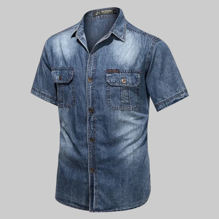 Distressed Denim Half-Sleeve Shirt