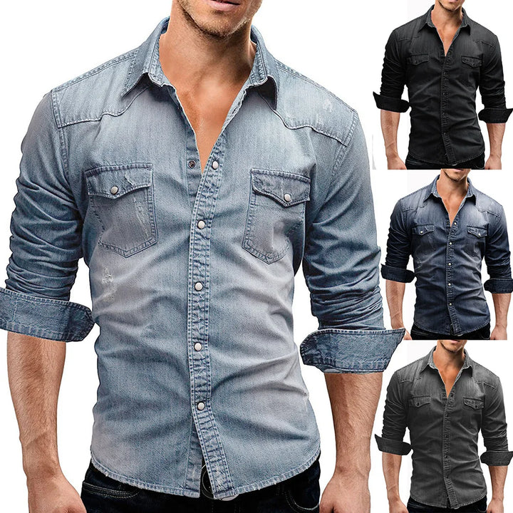 Solid Color Slim Fit Denim Shirt