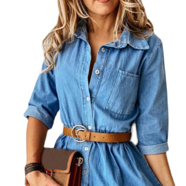 Flounced Edge Denim Solid Color Dress