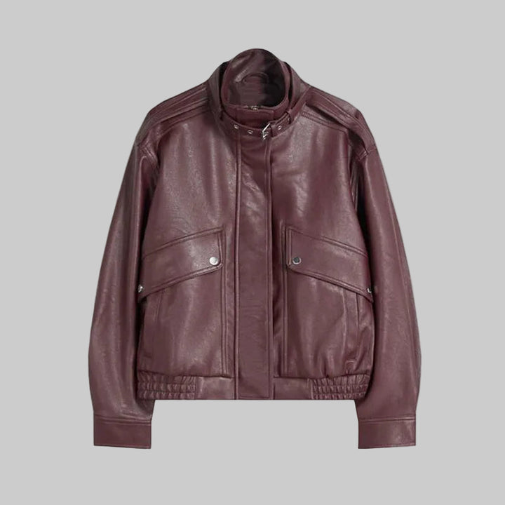 Stand Elastic Hem Leather Coat