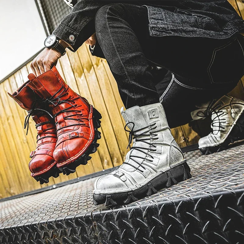 Genuine Leather Goth Skull Punk Mid-calf Boots