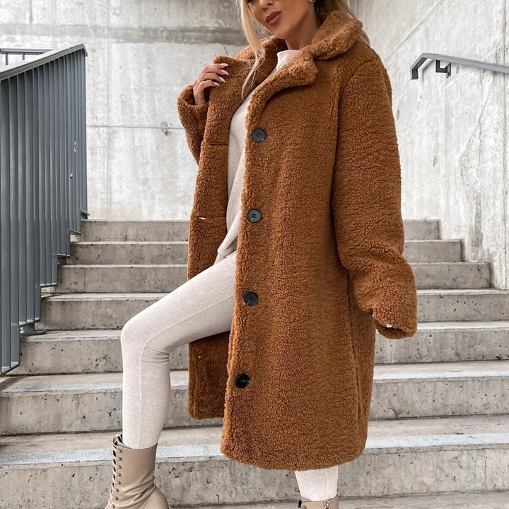 Plush Furry Button-Up Long Coat with Lapel