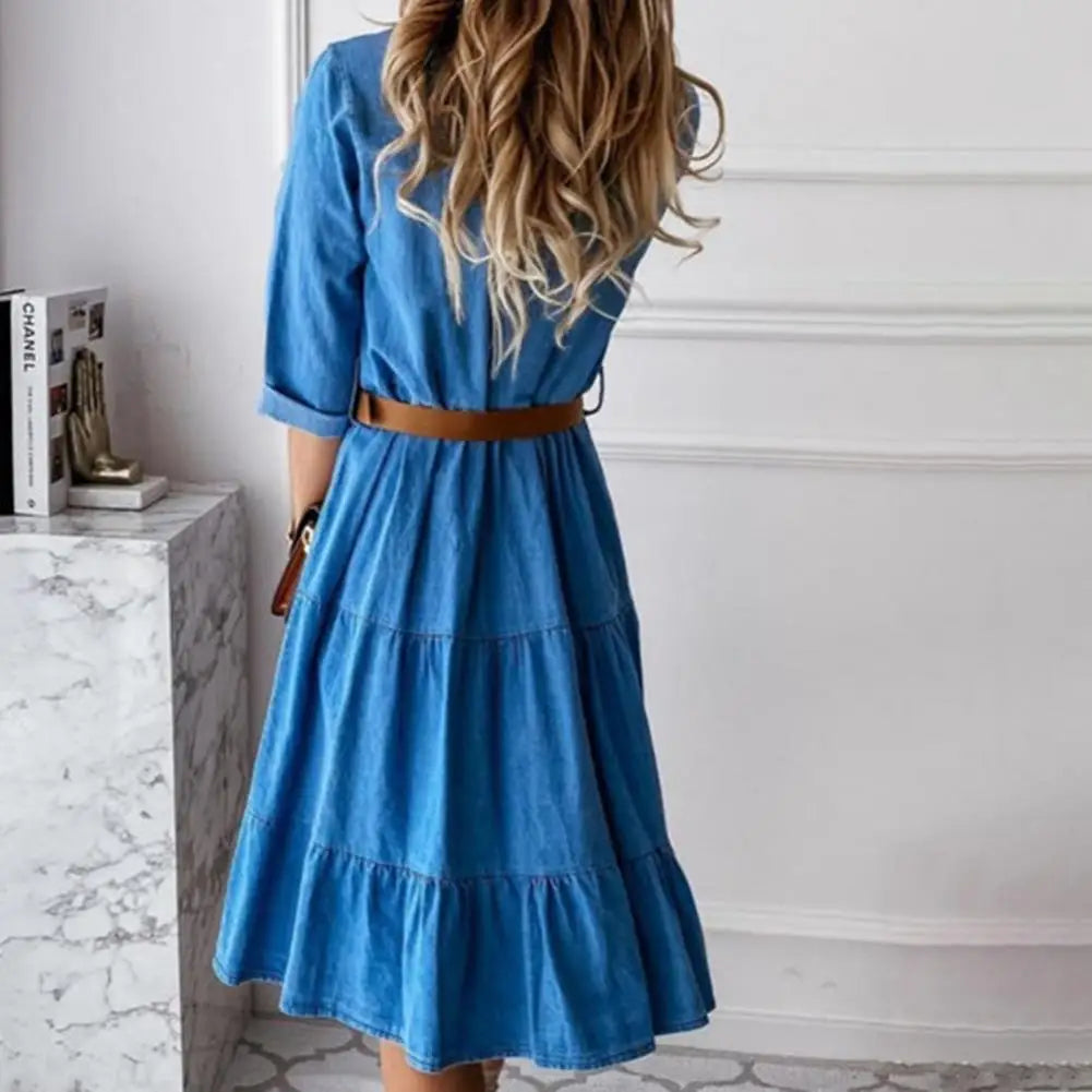 Flounced Edge Denim Solid Color Dress