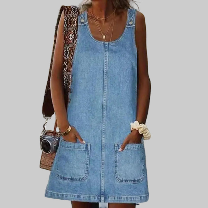 Midrise U-Neck Strappy A-Line Sleeves Denim Dress