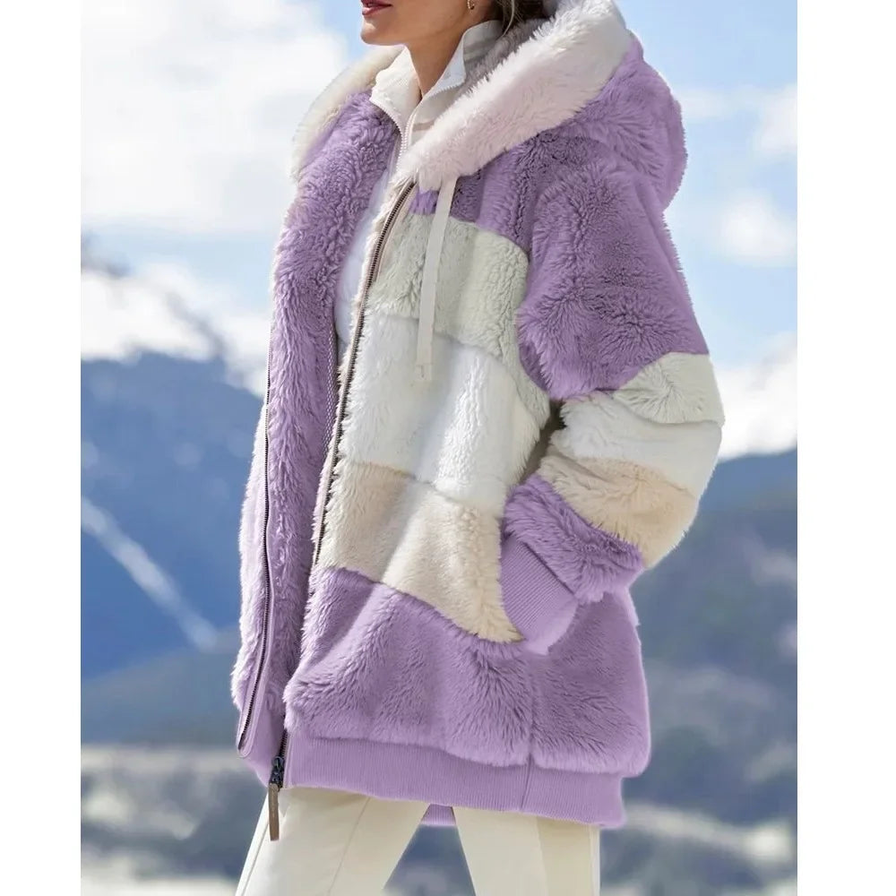 Hooded Thick Cashmere Zippered Plaid Winter Coat