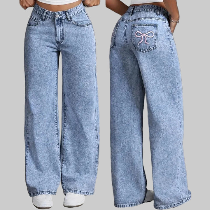 High-Waisted Wide Leg Denim Jeans with Bow Embroidered Pockets