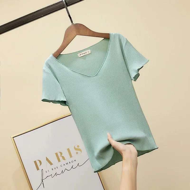 V-Neck Ribbed Knit Summer Sweater