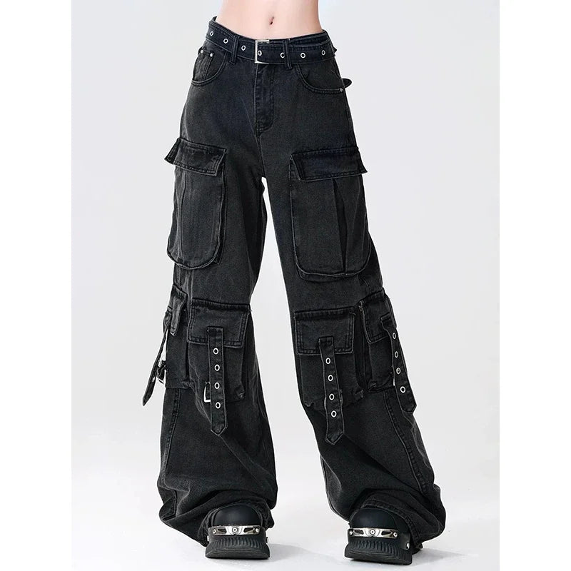 American Retro Multi-Pockets Cargo Jeans - Gothic