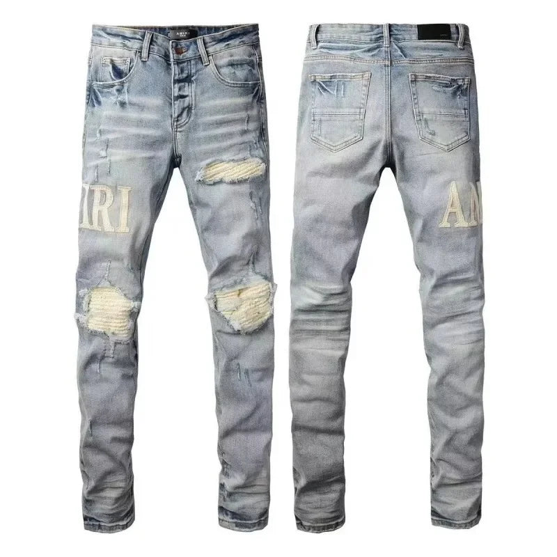 Retro Punk Style Slim Fit Elastic Printed Jeans