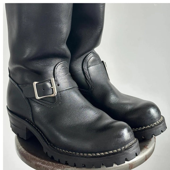 Genuine leather low-heel Chelsea motorcycle boots with buckle