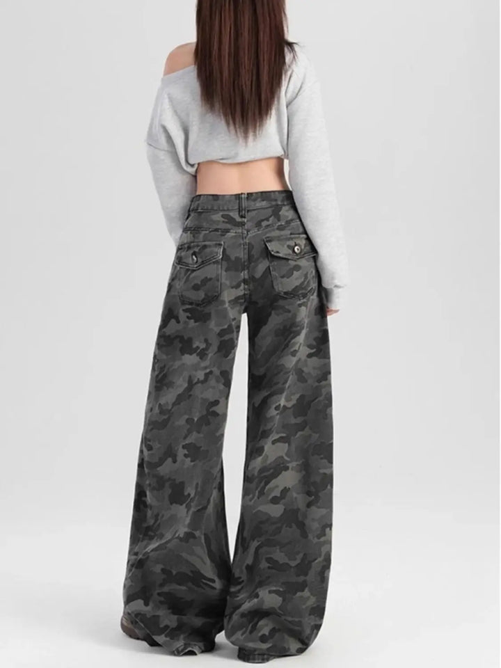Retro Camouflage Denim - High Waist Wide-leg