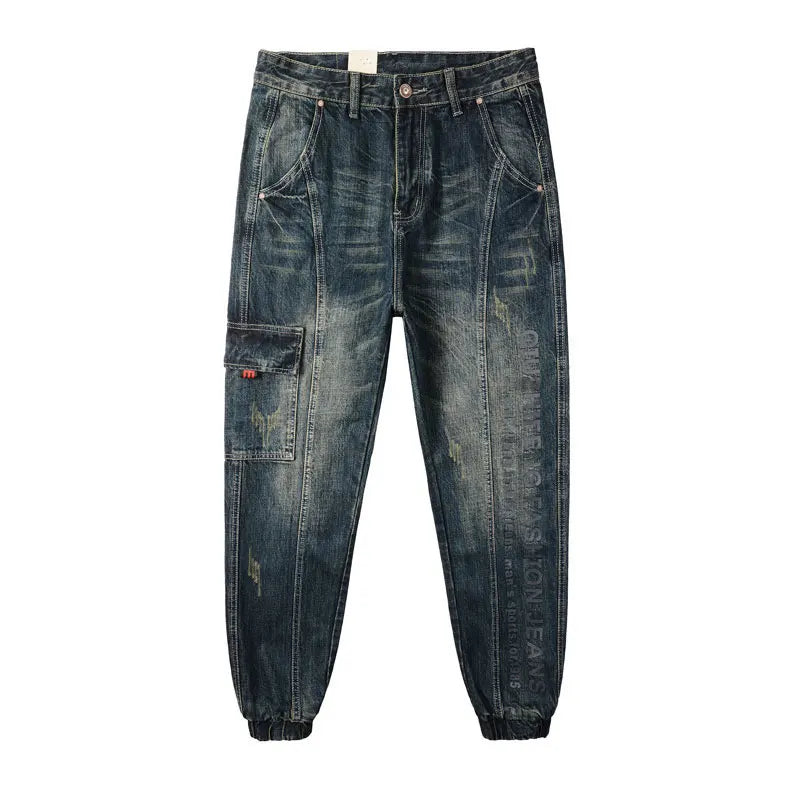 Retro Blue Printed Americana Cargo Pants