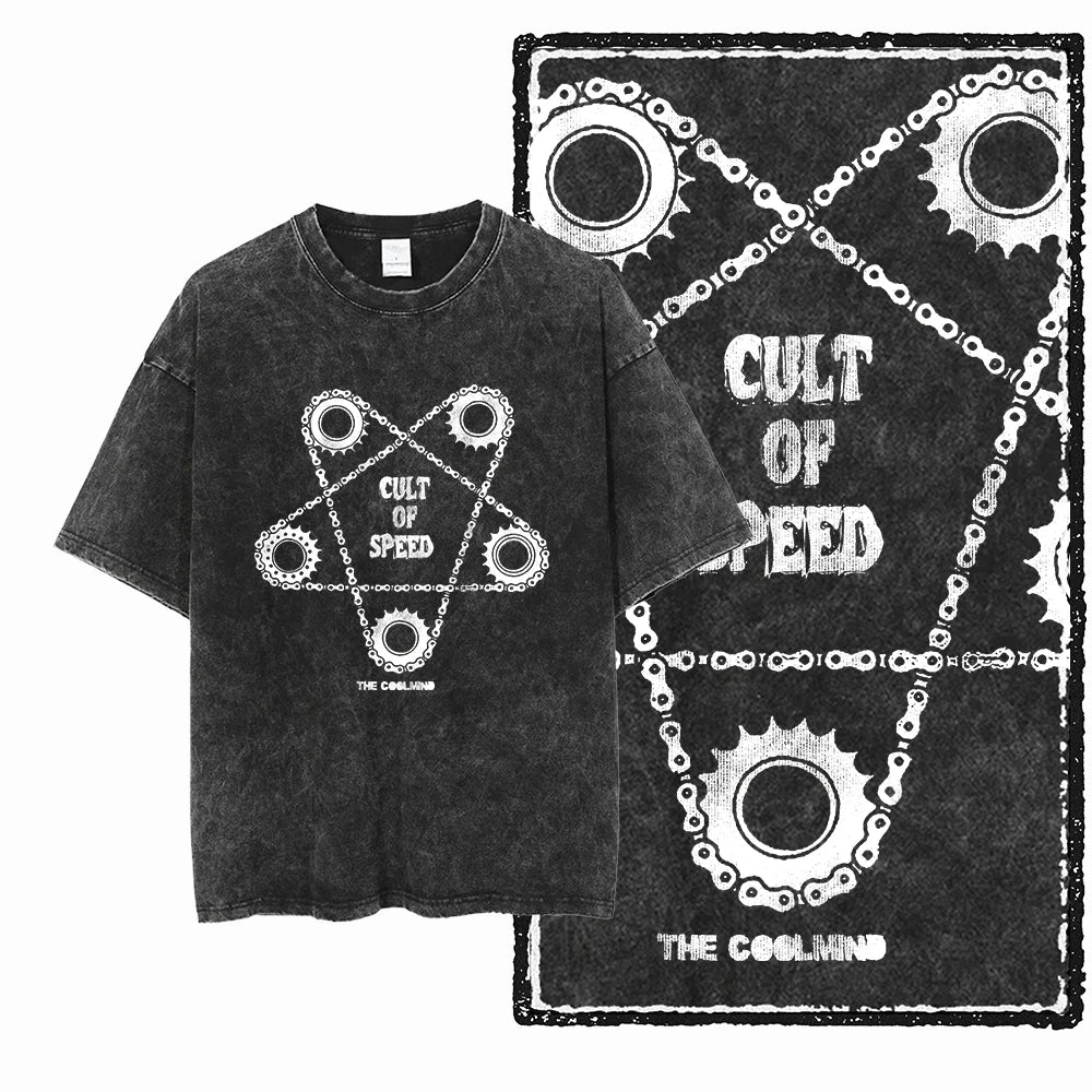 MOTOR CYCLE THEME Printed Cotton Acid Washed Graphic Unisex T Shirt
