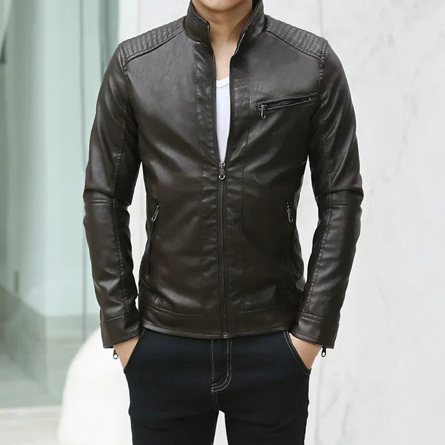 Slim Fit PU Leather Stand Collar Motorcycle Jacket