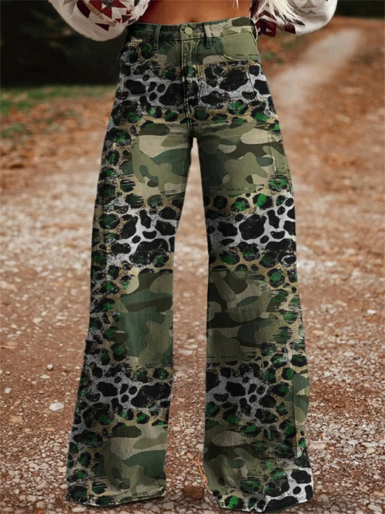 3D Digital Print Color Block Wide Leg Pants