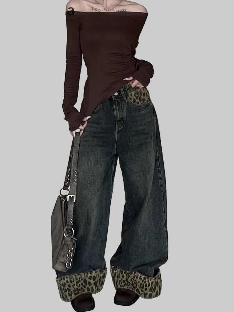 Retro Leopard Print Y2K Wide Leg Jeans