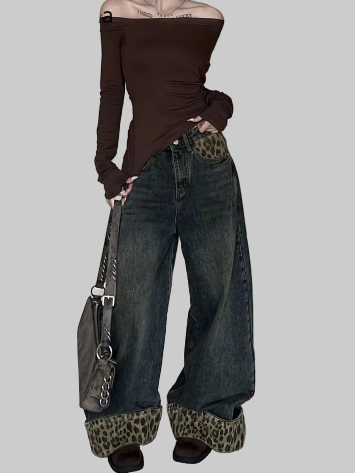 Retro Leopard Print Y2K Wide Leg Jeans
