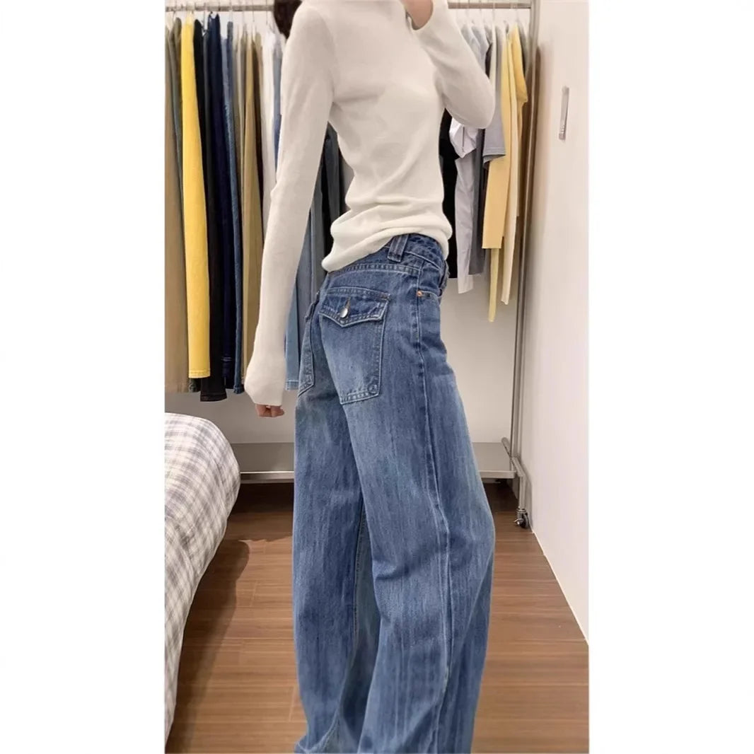 Trendy American Retro High-Waisted Wide Leg Jeans