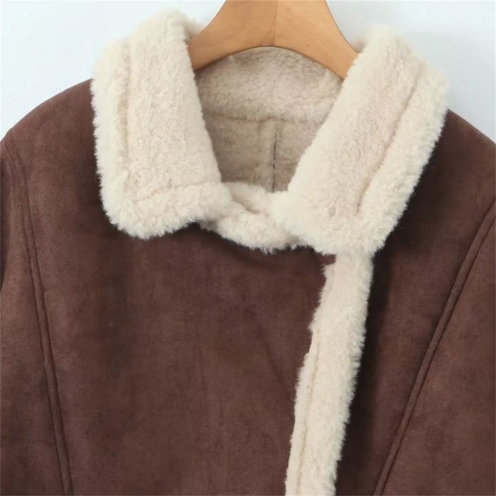 LANA ™| Fleece Lined Retro Bomber Jacket Lambs wool Lapel Overcoat