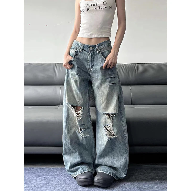 High-Waisted Ripped Jeans - American Y2K Baggy