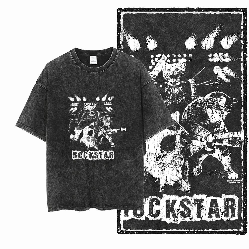 Cat Print Acid Washed Cotton Graphic T-Shirt